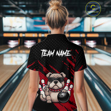 Load image into Gallery viewer, Women’s red Bulldog bowling polo shirt, back view on female model in bowling lane 