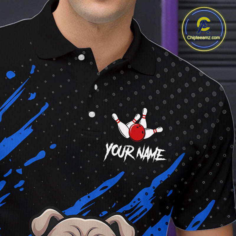 Men’s blue Bulldog bowling polo shirt with custom name, angled front view showing custom team design 