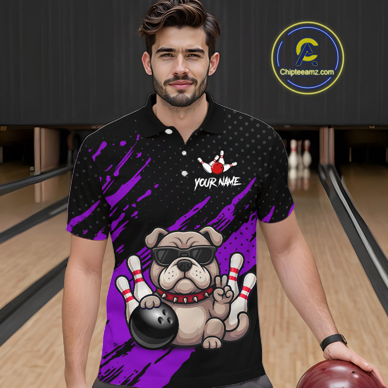 Men’s purple Bulldog bowling polo shirt, front view on male model in bowling lane 