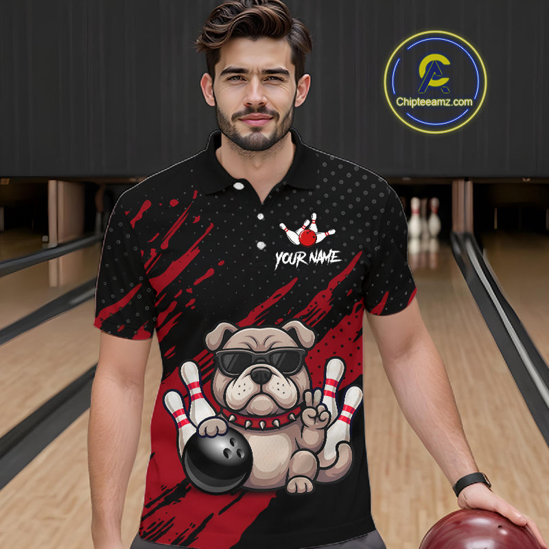 Men’s red Bulldog bowling polo shirt, front view on male model in bowling lane 