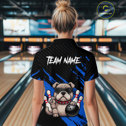 Women’s blue Bulldog bowling quarter zip shirt, back view on female model in bowling lane 