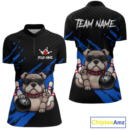 Custom blue funny bulldog bowling jersey for women, personalized team bowling quarter zip shirt front view and back view.