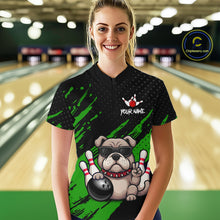Load image into Gallery viewer, Women’s green Bulldog bowling quarter zip shirt, front view on female model in bowling lane 