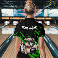 Load image into Gallery viewer, Women’s green Bulldog bowling quarter zip shirt, back view on female model in bowling lane 