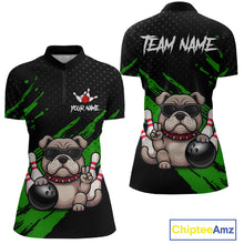 Load image into Gallery viewer, Custom green funny bulldog bowling jersey for women, personalized team bowling quarter zip shirt front view and back view.