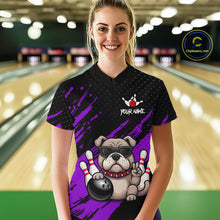 Load image into Gallery viewer, Women’s purple Bulldog bowling quarter zip shirt, front view on female model in bowling lane 