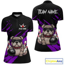 Load image into Gallery viewer, Custom purple funny bulldog bowling jersey for women, personalized team bowling quarter zip shirt front view and back view.