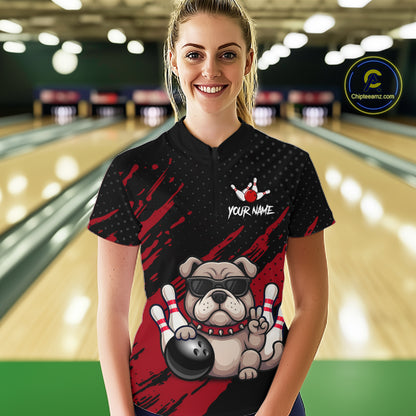 Women’s red Bulldog bowling quarter zip shirt, front view on female model in bowling lane 