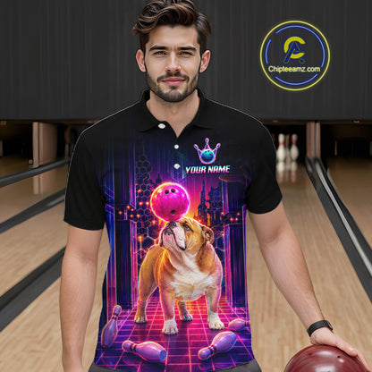 Men’s retro Bulldog neon synthwave bowling polo shirt, front view on male model in bowling lane 