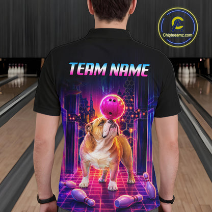 Men’s retro Bulldog neon synthwave bowling polo shirt, back view on male model in bowling lane 