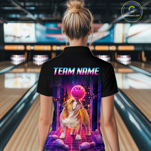 Load image into Gallery viewer, Women’s retro Bulldog neon synthwave bowling quarter zip shirt, back view on female model in bowling lane 