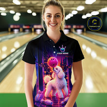 Load image into Gallery viewer, Women’s retro Poodle Dog neon synthwave bowling polo shirt, front view on female model in bowling lane 