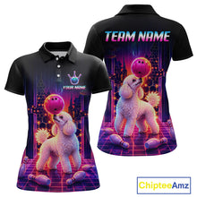 Load image into Gallery viewer, Women’s retro Poodle Dog neon synthwave bowling polo shirt with custom name, front view on white background.
