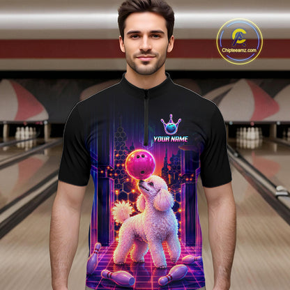Men’s retro Poodle Dog neon synthwave bowling quarter zip shirt, front view on male model in bowling lane  