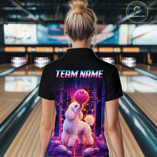 Load image into Gallery viewer, Women’s retro Poodle Dog neon synthwave bowling quarter zip shirt, back view on female model in bowling lane  