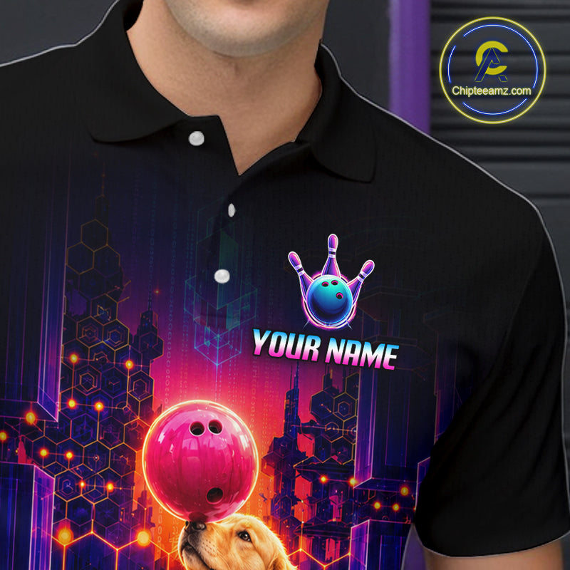 Men’s Golden Retriever Dog retro neon bowling polo shirt with custom name, angled front view showing custom team design 