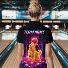 Load image into Gallery viewer, Women’s retro Golden Retriever Dog neon synthwave bowling polo shirt, back view on female model in bowling lane 