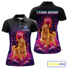 Load image into Gallery viewer, Women’s retro Golden Retriever Dog neon synthwave bowling polo shirt, front view on white background.
