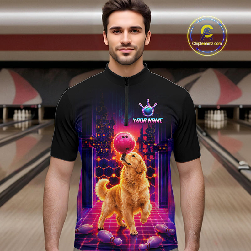 Men’s retro Golden Retriever Dog neon synthwave bowling quarter zip shirt, front view on male model in bowling lane 