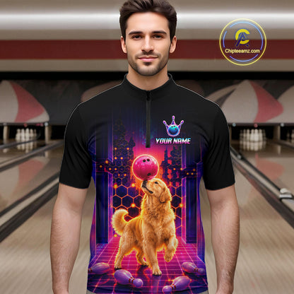 Men’s retro Golden Retriever Dog neon synthwave bowling quarter zip shirt, front view on male model in bowling lane 