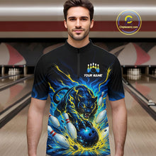 Load image into Gallery viewer, Man wearing a black bowling shirt with a panther design in a bowling alley.