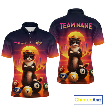 Front and back views of a custom short-sleeve polo shirt featuring a cartoon cat wearing a hat and sunglasses, posed with billiard balls against a sunset background. The shirt has a dark navy-to-pink gradient base with orange-yellow sunset accents.
