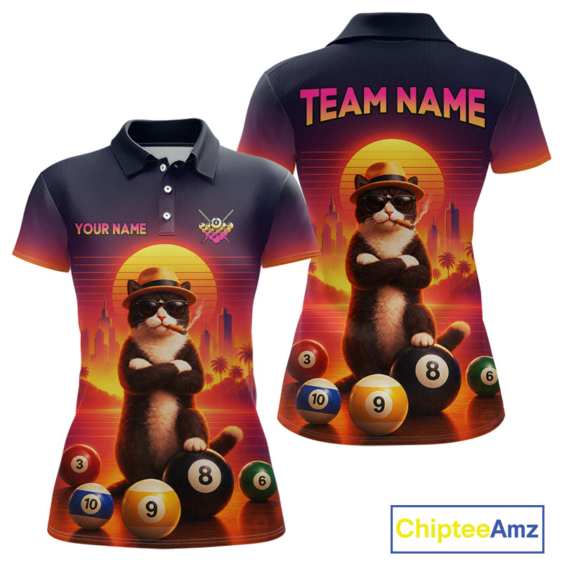 Custom short-sleeve polo shirt shown from the front and back, featuring a colorful graphic of a cat wearing sunglasses and a hat among billiard balls, with placeholder text 'TEAM NAME' and 'YOUR NAME'.