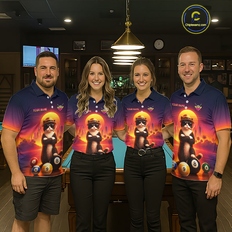 Four people standing indoors in matching custom polo shirts featuring a cartoon cat wearing sunglasses with billiard balls and a fiery orange-yellow graphic. The shirts have a blue-to-pink gradient at the shoulders and sleeves.