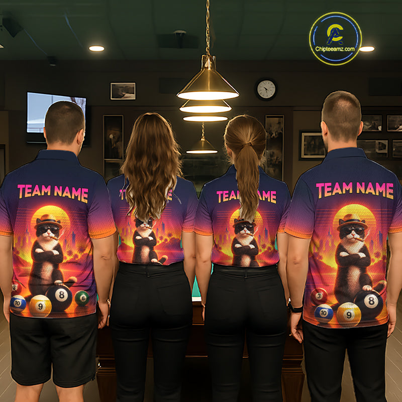 Four people standing with their backs to the camera in a dimly lit indoor environment, wearing matching custom-designed polo shirts. The shirts feature a dark blue base with a vibrant orange and yellow gradient, a graphic of a black cat wearing sunglasses and a yellow hat, billiard balls, and the text 'TEAM NAME'.