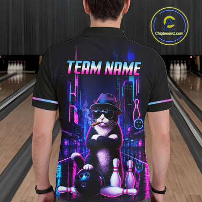 Neon Funny Cat Bowling Jersey for Men Custom Cat Bowling Team Shirts Polo & 1/4 Zip HNT510
