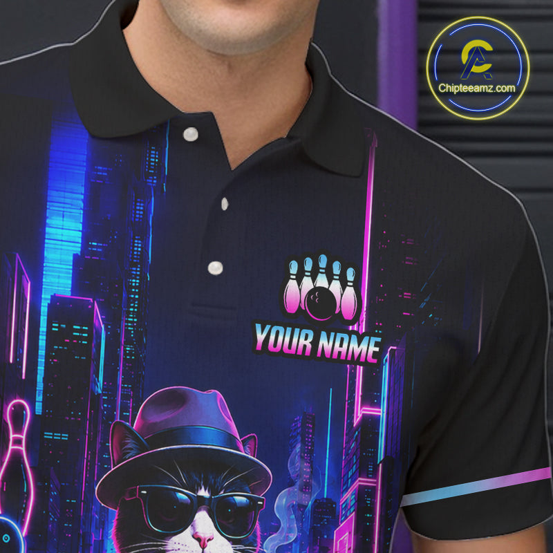 Neon Funny Cat Bowling Jersey for Men Custom Cat Bowling Team Shirts Polo & 1/4 Zip HNT510