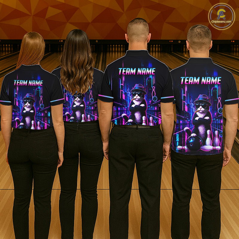 Neon Funny Cat Bowling Jersey for Men Custom Cat Bowling Team Shirts Polo & 1/4 Zip HNT510