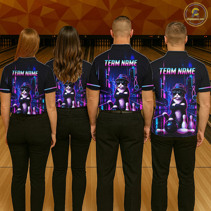 Neon Funny Cat Bowling Jersey for Men Custom Cat Bowling Team Shirts Polo & 1/4 Zip HNT510