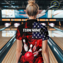 Load image into Gallery viewer, Women’s us flag smoke bowling quarter zip shirt, back view on female model in bowling lane 