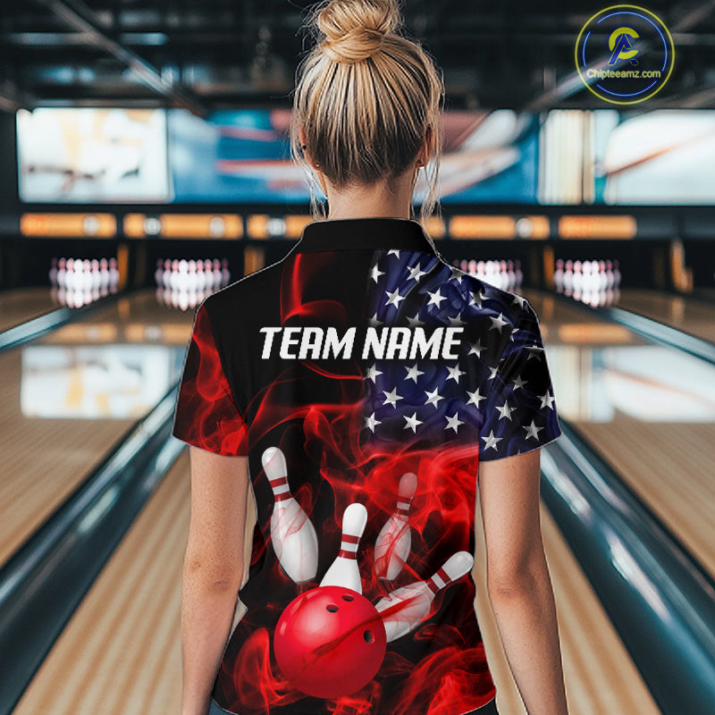 Women’s us flag smoke bowling polo shirt, back view on female model in bowling lane 