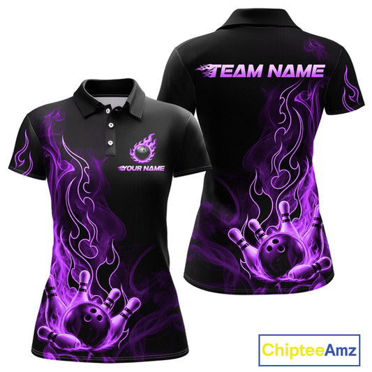 Black short-sleeve polo shirt shown from front and back with purple flame graphics, bowling balls, and pins, plus customizable text placeholders. A ChipteeAmz logo appears in the bottom right corner.