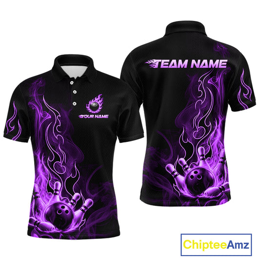 Black short-sleeve polo shirt with purple flame graphics and bowling ball designs, shown from both front and back. The front has a small bowling pin and ball graphic with the text 'YOUR NAME', and the back has 'TEAM NAME' across the shoulders.