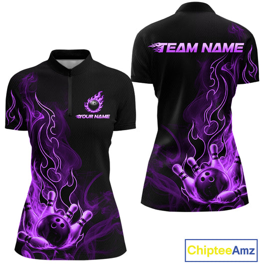 Black short-sleeve women's polo-style shirt shown from the front and back, featuring a purple and magenta flame graphic with bowling balls and pins, plus customizable text areas reading 'TEAM NAME' and 'YOUR NAME'. A ChipteeAmz logo appears in the bottom right corner.