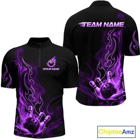 Black short-sleeve quarter-zip bowling shirt shown from front and back on a white background, with purple flame and bowling ball graphics, customizable text areas, and a ChipteeAmz logo watermark.