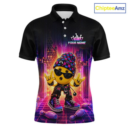 Custom neon synthwave rocker bowling jersey for men, personalized team bowling polo shirt front view.