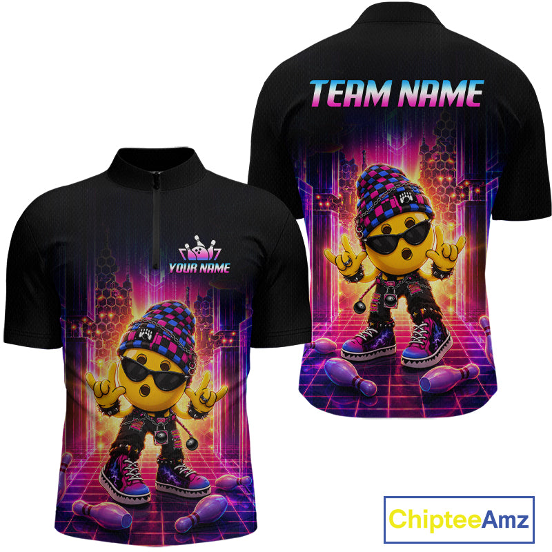 Custom neon synthwave rocker bowling jersey for men, personalized team bowling quarter zip shirt front view and back view.