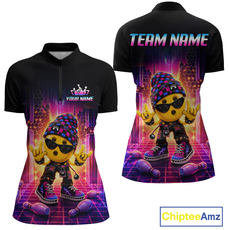Custom neon synthwave rocker bowling jersey for women, personalized team bowling quarter zip shirt front view and back view.