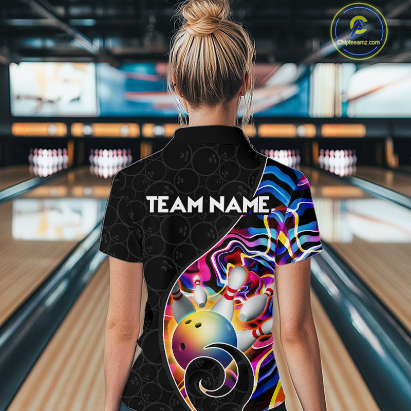 Women’s blue neon wave bowling polo shirt, back view on male model in bowling lane 