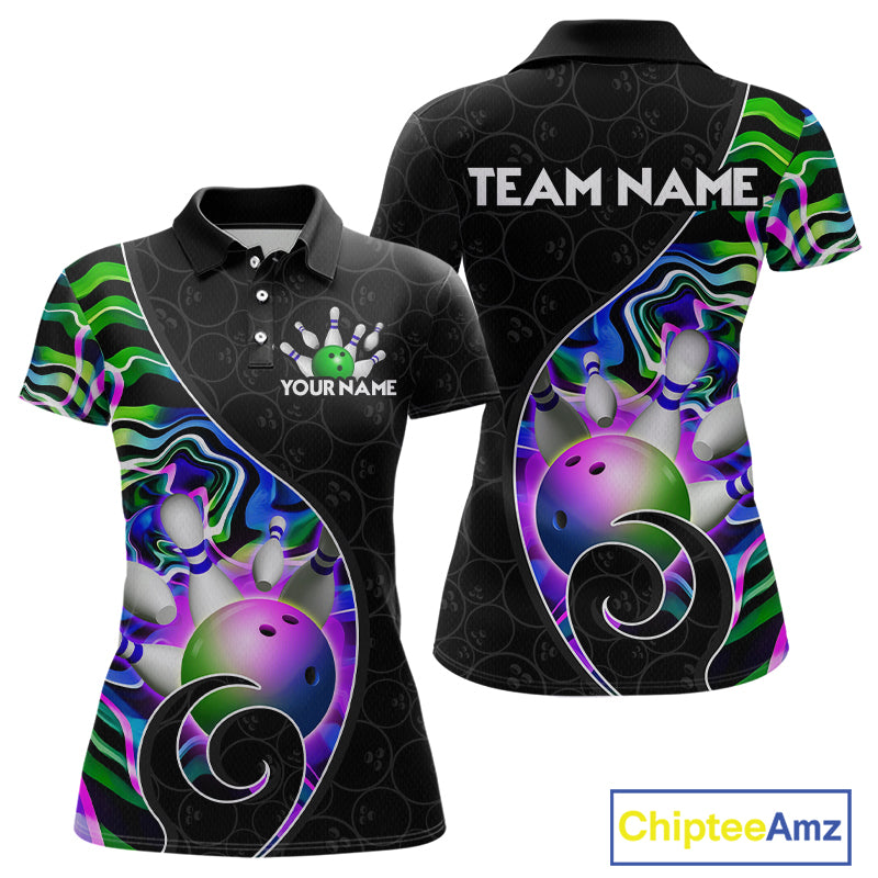 Women’s green neon wave strike bowling shirt with custom name, front view polo design on white background