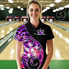 Load image into Gallery viewer, Women’s purple neon wave bowling polo shirt, front view on female model in bowling lane