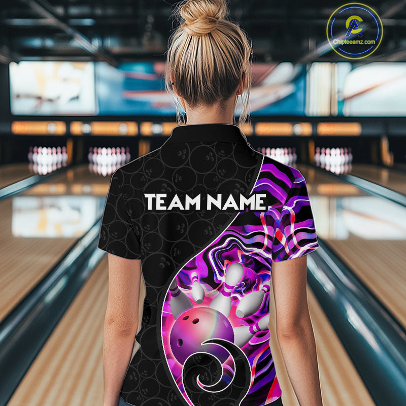 Women’s purple neon wave bowling quarter zip shirt, back view on female model in bowling lane