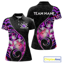 Load image into Gallery viewer, Women’s purple neon wave strike bowling shirt with custom name, front view polo design on white background