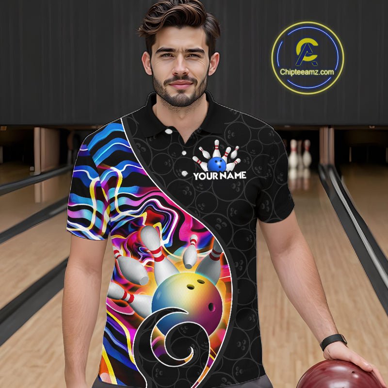 Men’s blue neon wave bowling polo shirt, front view on male model in bowling lane 