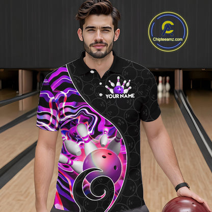 Men’s purple neon wave bowling polo shirt, front view on male model in bowling lane 