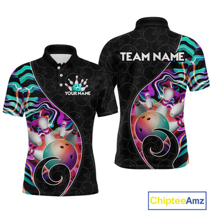 Men’s turquoise neon wave strike bowling shirt with custom name, front view polo design on white background